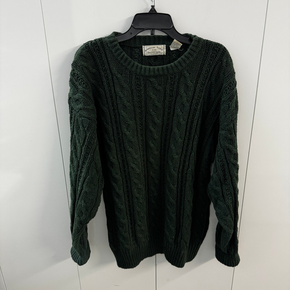 Vintage American Eagle Forest Green Cable Knit Sweater Mens Large Ramie Cotton